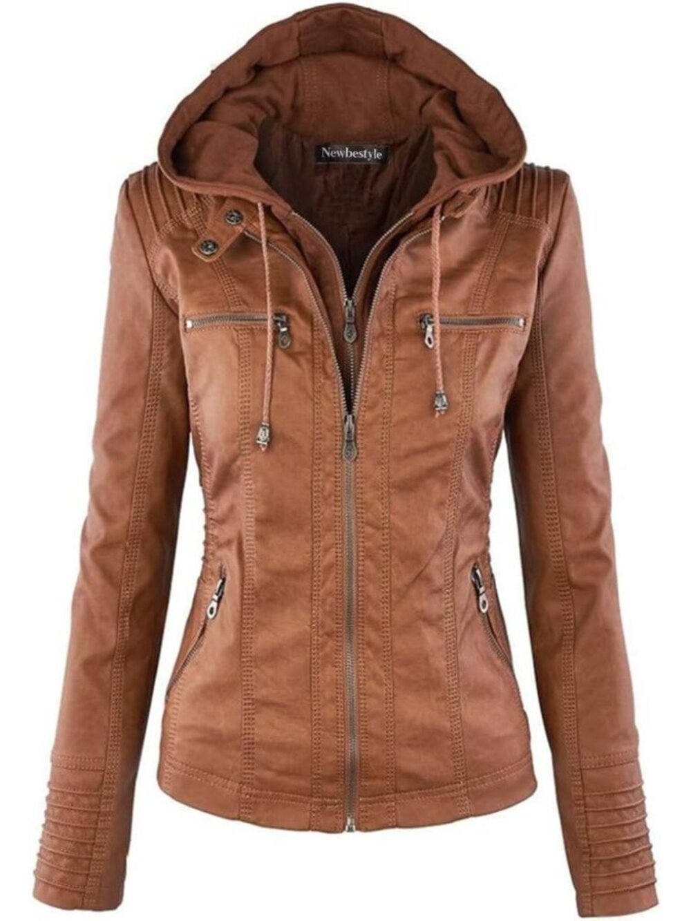 Women’s Brown Hooded Faux Leather Motorcycle Jacket Zip Up Casual Biker Coat